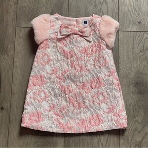 Janie and Jack Pink Silver Faux Fur Sleeve 18-24m Brocade Floral Baby Dress